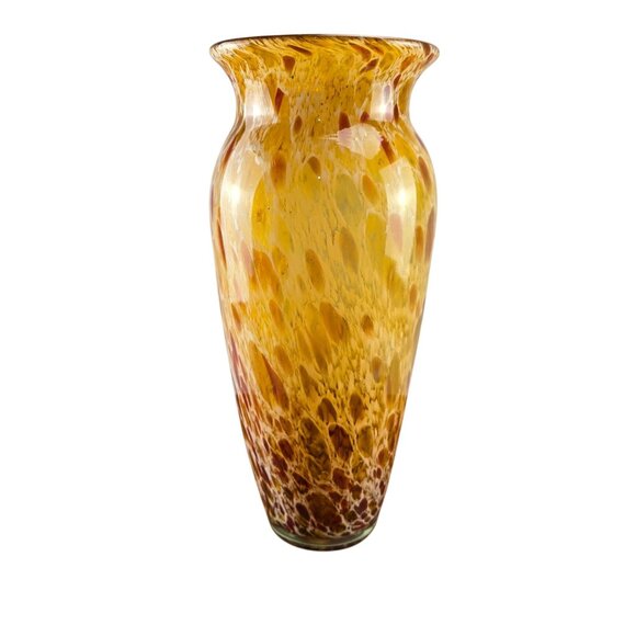 Murano Glassware Tall Art Glass Vase Amber & Red Leaf Pattern - Picture 1 of 5